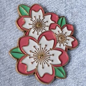 White & Pink Plum Blossom Floral Enamel Pin with Gold Accents